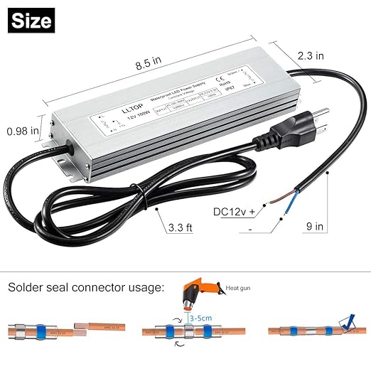 LLTOP LED Driver 100 Watts Waterproof IP67 Power Supply AC100-264V to 12V DC