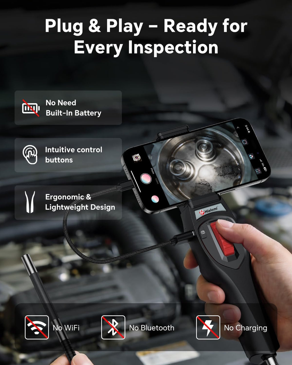 2-way articulating borescope, phone endoscope camera with light, front angle view