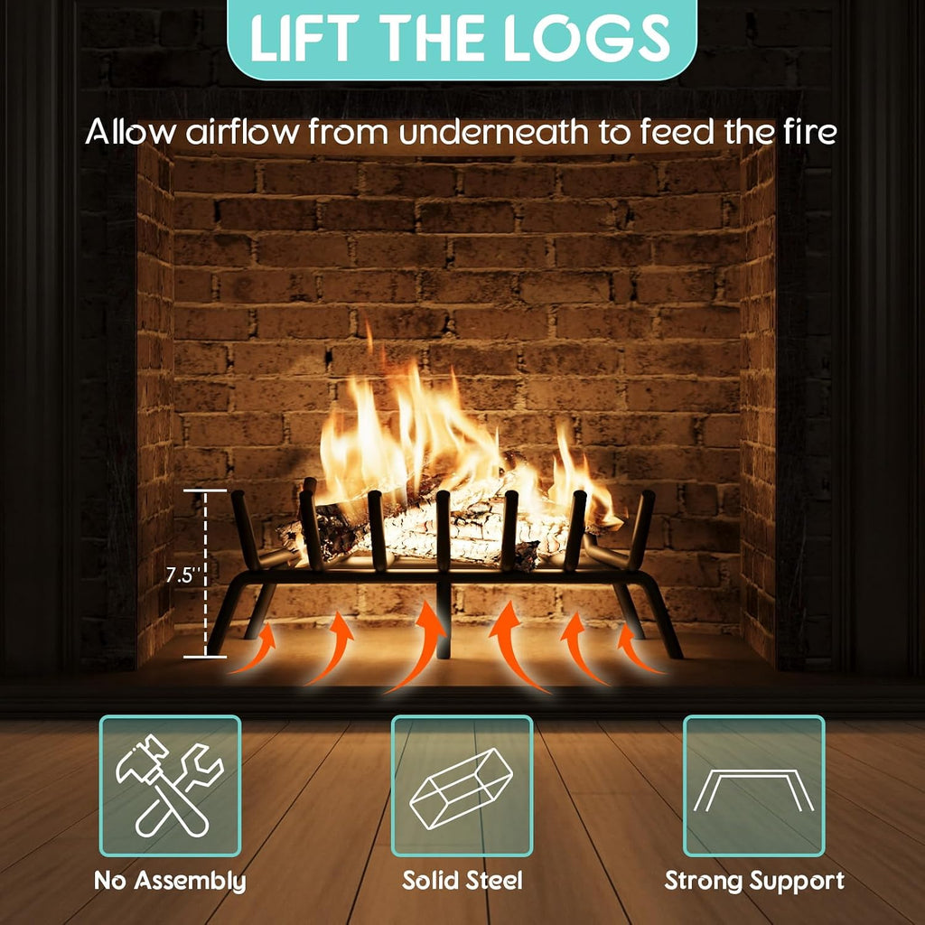 30-Inch Fireplace Grate, Heavy Duty 7-Bar Log Rack Holder