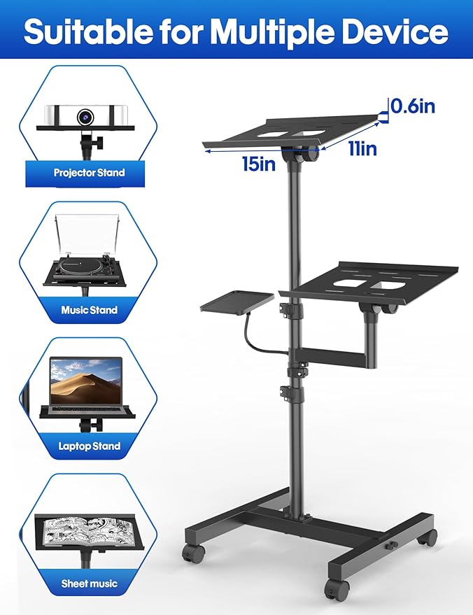 ORWOD Projector and Laptop Stand Tripod, 2 Shelves Mobile Laptop Tripod Stand