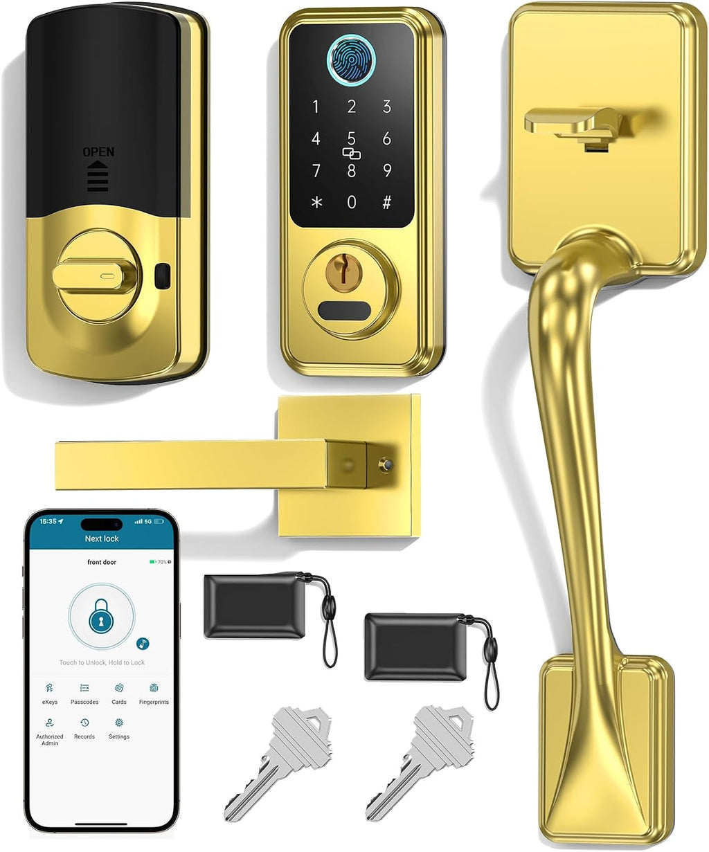 Hornbill Smart Lock for Front Door, Keyless Entry Door Lock with Handleset, Smart Deadbolt Lock for Home/New House, Auto-Lock, Brushed Gold