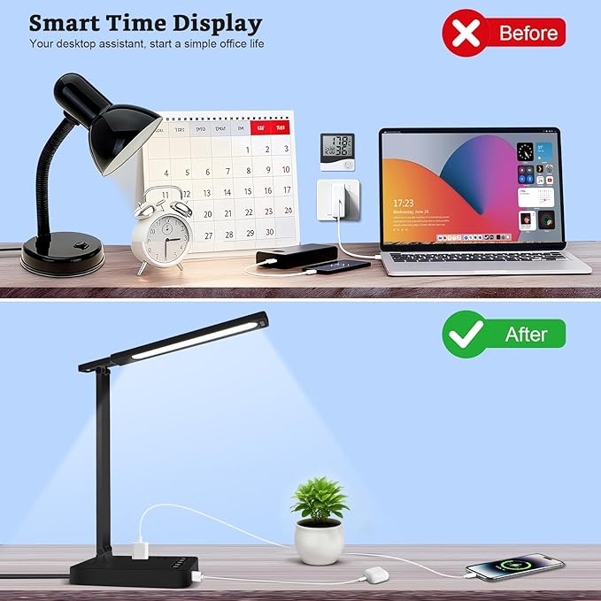 Smart Desk Lamp with 4-in-1 Charging Station, 5 Color temperatures and 5