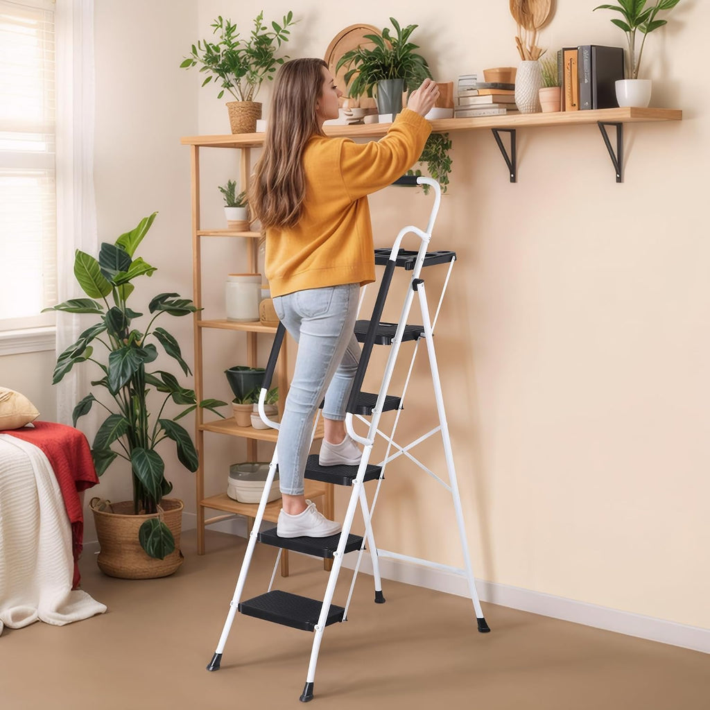 ZENY 5 Step Ladder, Step Stool Foldable with Anti-Slip Pedal & Comfortable Handrail, Sturdy Steel Ladder, Protable Heavy Duty Step Stool for Kitchen, Garage & Outdoor Use (White)