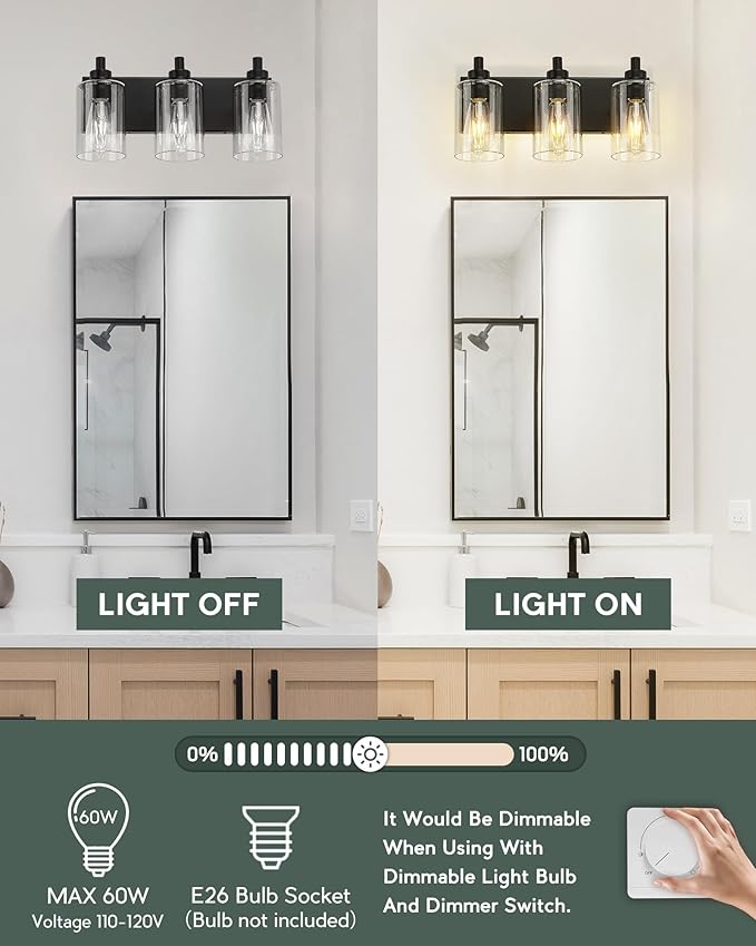 METWET 3-Light Bathroom Light Fixtures, Modern Vanity Lighting Fixtures Over