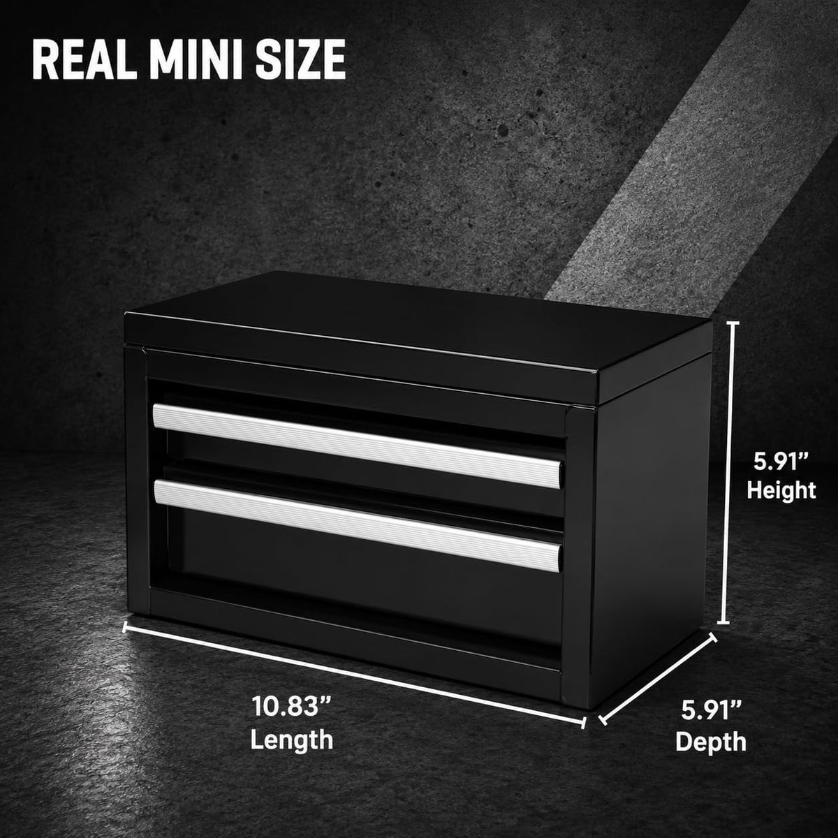 mini 2-drawer steel tool box black shown in use