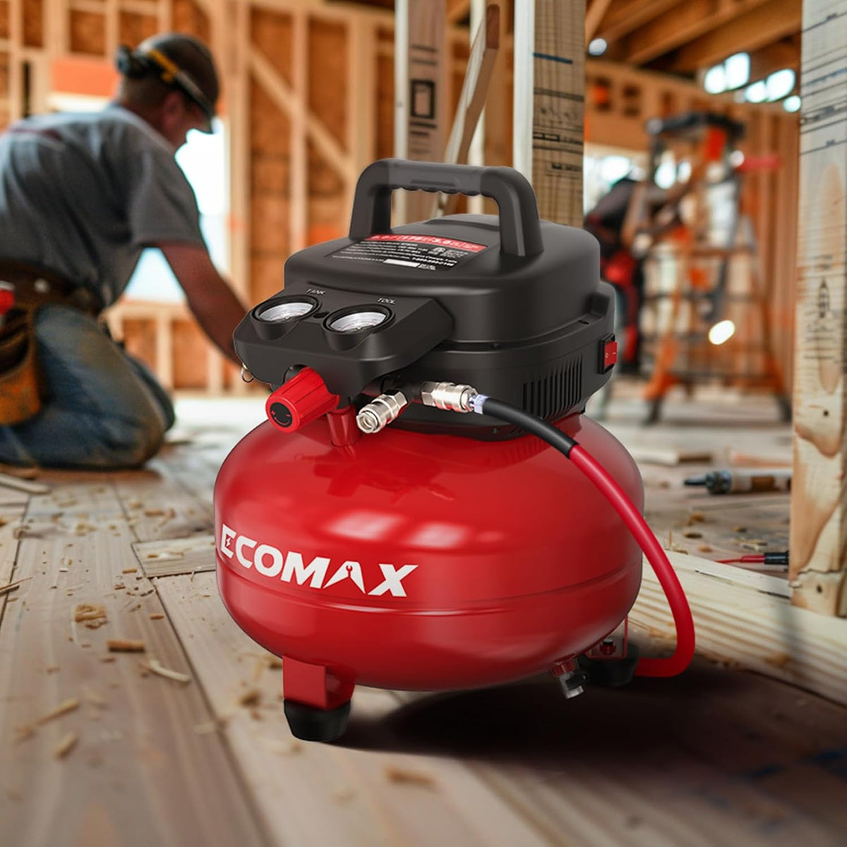 ECOMAX Air Compressor 6 Gallon 175 PSI Pancake Portable Oil-free Tank with 10 PCS Accessories Kit