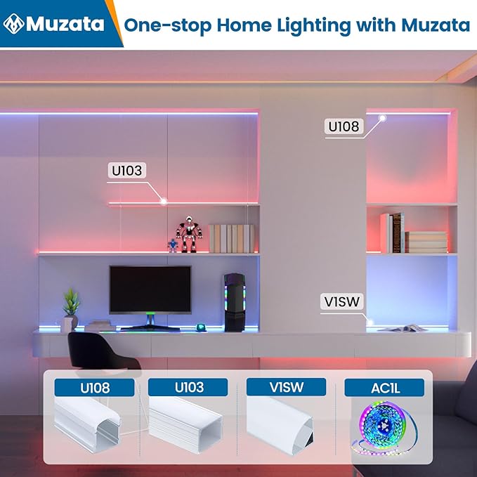 Muzata 10Pack 6.6FT/2M Plus-Size Spotless LED Channel Black LED Strip Diffuser