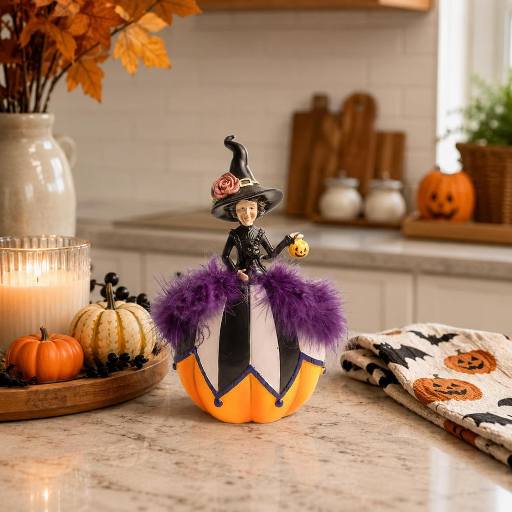 Halloween Witch Figurine, Black and White Pumpkin Table Home Decor