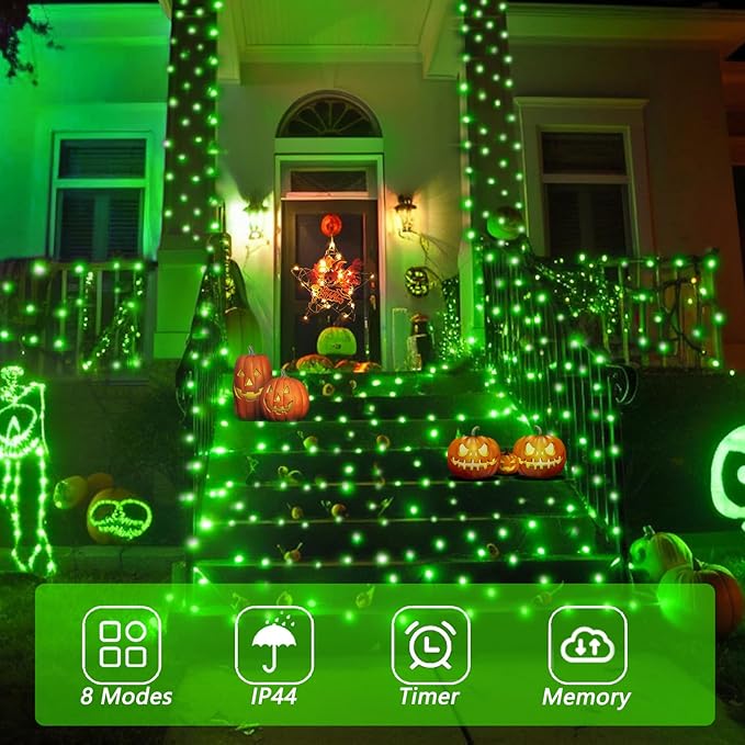 YEGUO 165ft 500 LED Halloween Lights Outdoor Waterproof, 8 Modes Green String Lights Plug in, Green Wire Christmas Lights Indoor with Timer Memory