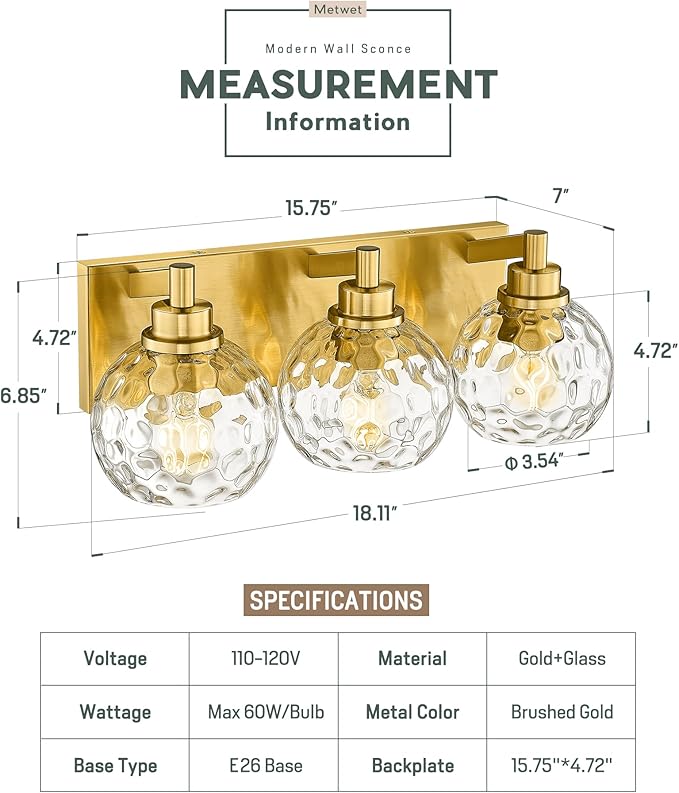 METWET Bathroom Light Fixtures Over Mirror, 3-Light Brushed Gold Vanity Light