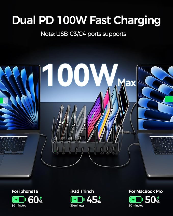 400W Charging Station for Multiple Devices, 10 Port Double PD 100W USB C