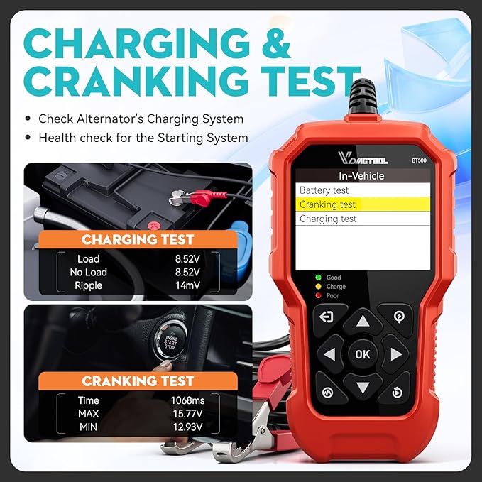 Car Battery Tester 6V 12V 24V VDIAGTOOL BT500, 5-3000 CCA Battery Load Tester