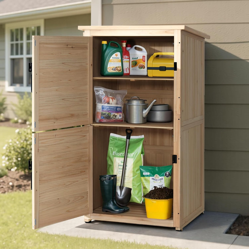 mcombo outdoor storage cabinet, 30" deep wood garden shown in use