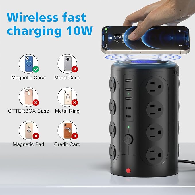Tower Power Strip with 15W Wireless Charger, 20FT Extension Cord, 16 AC Outlets
