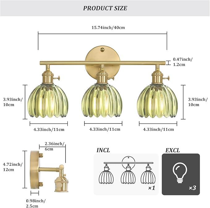 Shenmoyl Bathroom Light Fixtures, 3-Light Brass Vanity Wall Light Over Mirror