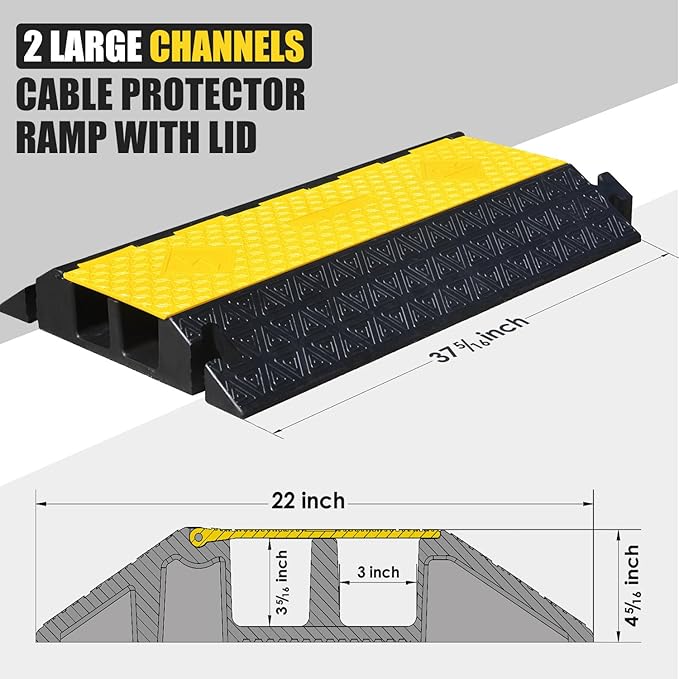 OranLite Large 2-Channel Rubber Floor Cable Protector Ramp, Heavy-Duty Floor