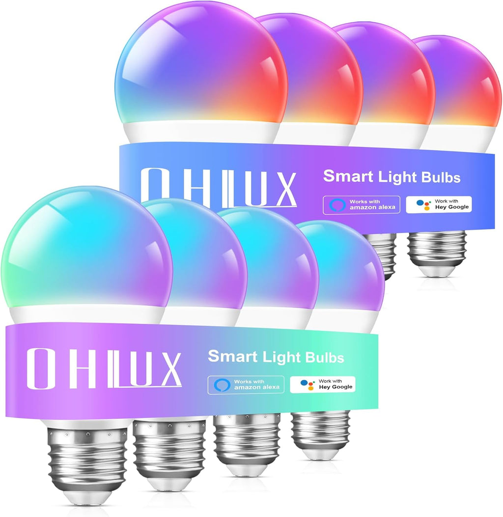 OHLUX Smart Light Bulbs 8Pack, WiFi & Bluetooth, RGB Color Changing, 100W