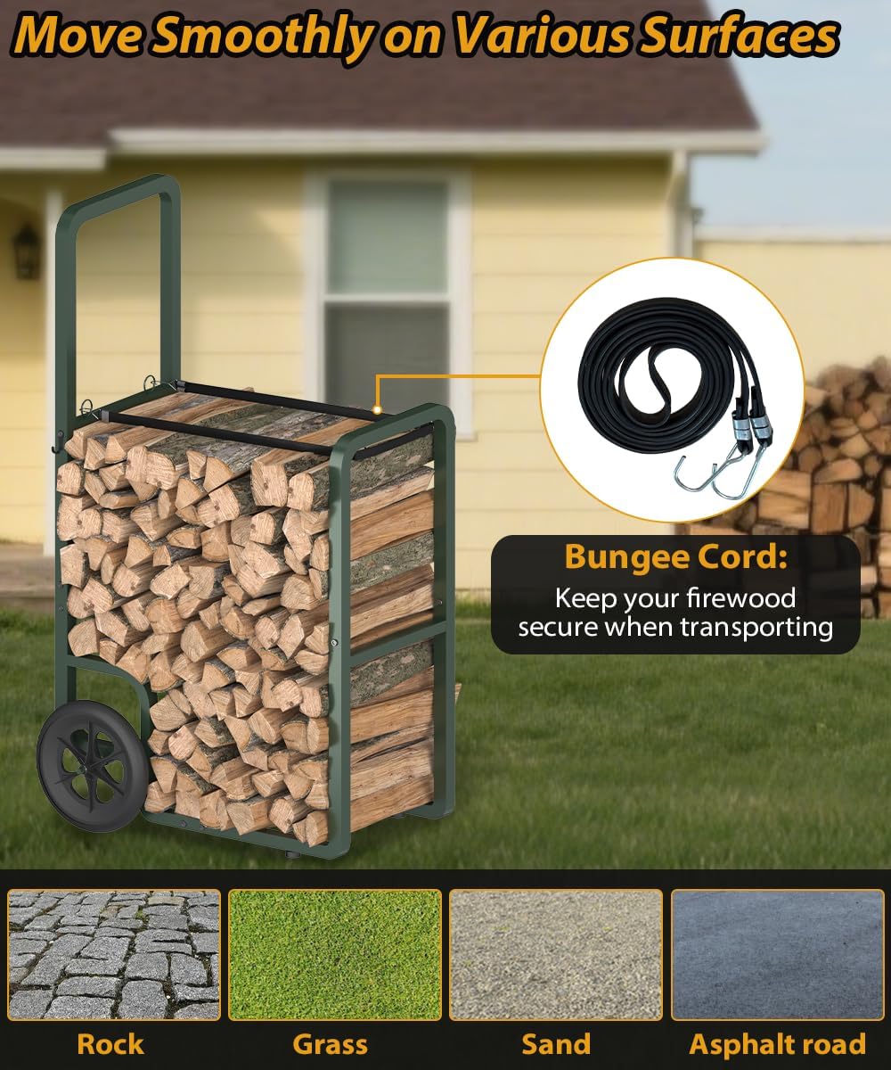 easy-assembly firewood cart, rolling log carrier for outdoor, side view