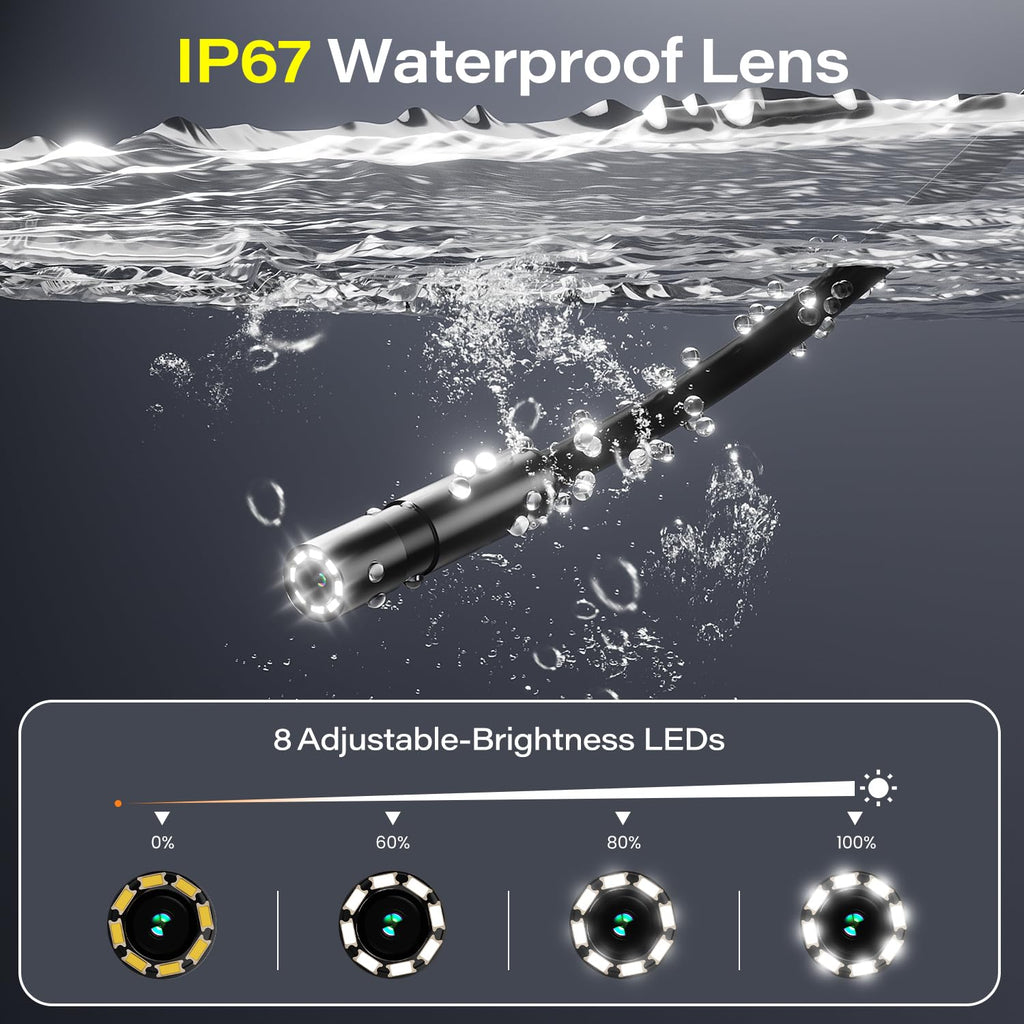 Borescope with Light, 1920P HD Endoscope Inspection Camera with 4.3" IPS Screen, 8mm Lens IP67 Waterproof with 8 LEDs, 16.5ft Semi-Rigid Snake Camera for Automotive Pipe Inspection