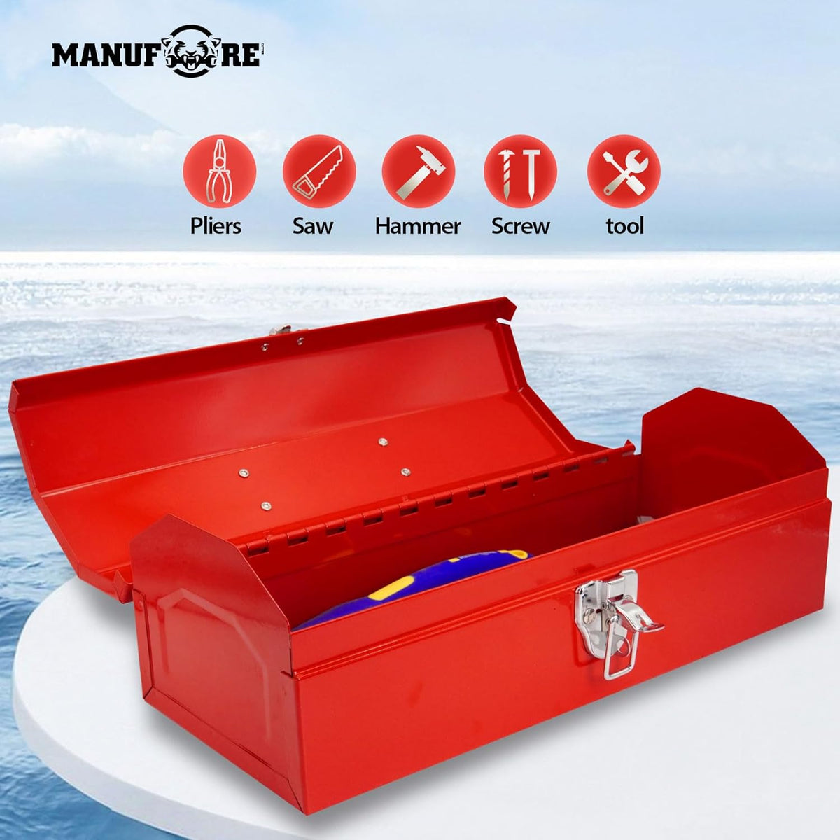 manufore 16" metal tool box with carry handle, package contents