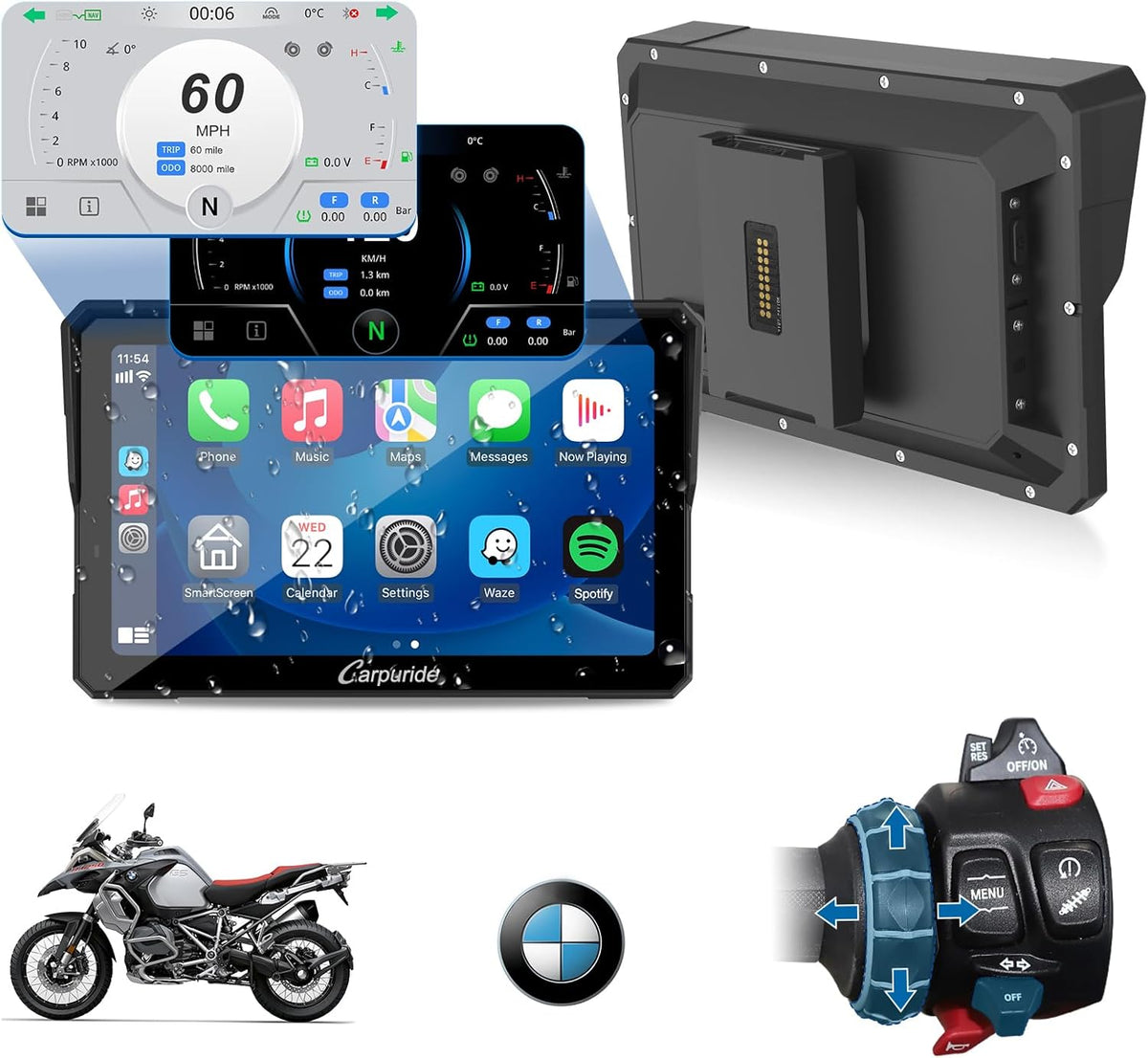 CARPURIDE W702BS PRO for BMW Motorcycle CarPlay & Android Auto Dual Bluetooth