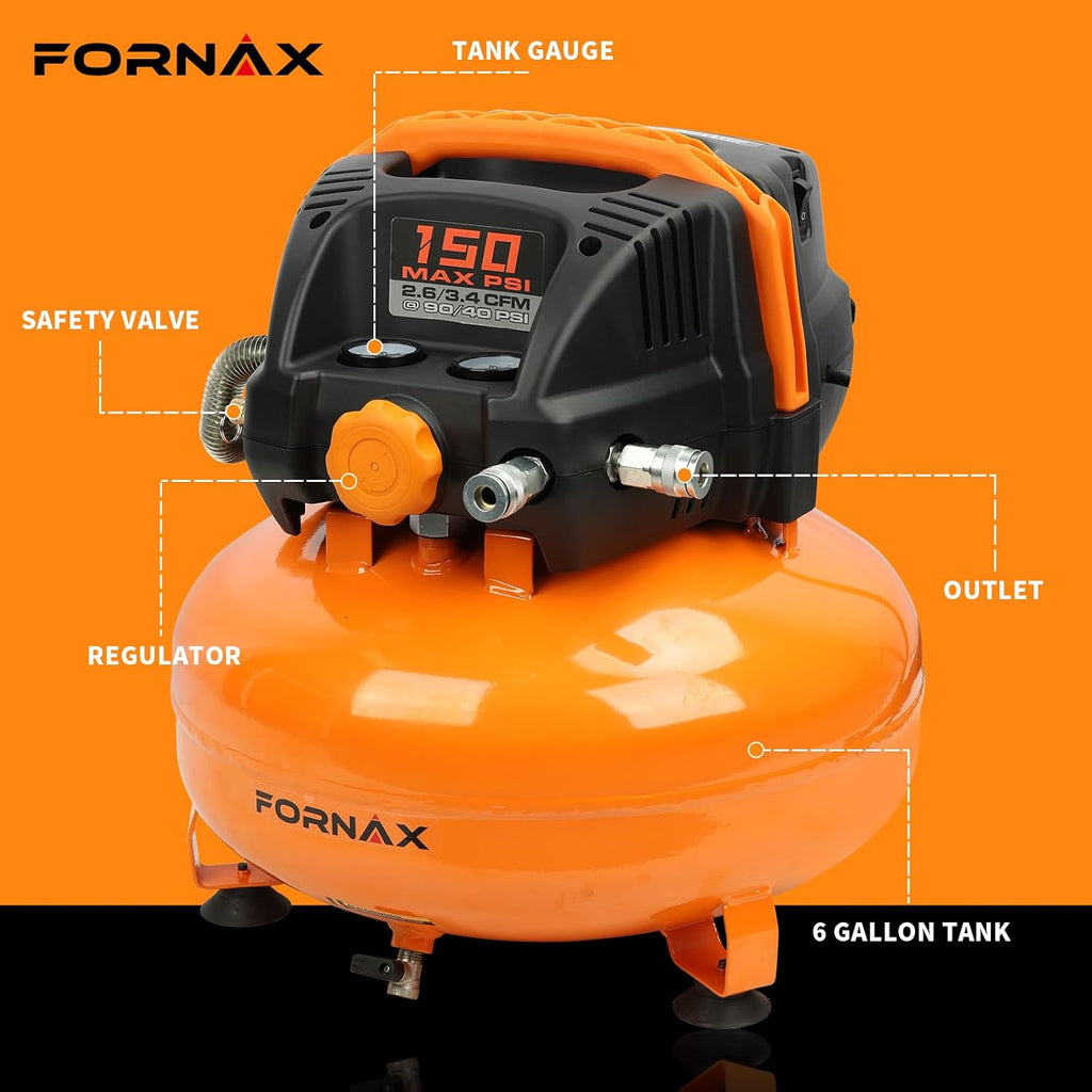 FORNAX Pancake Air Compressor with two couplers, 6 Gallon Portable Electric air compressor, 150 PSI, Oil -Free Air Compressor