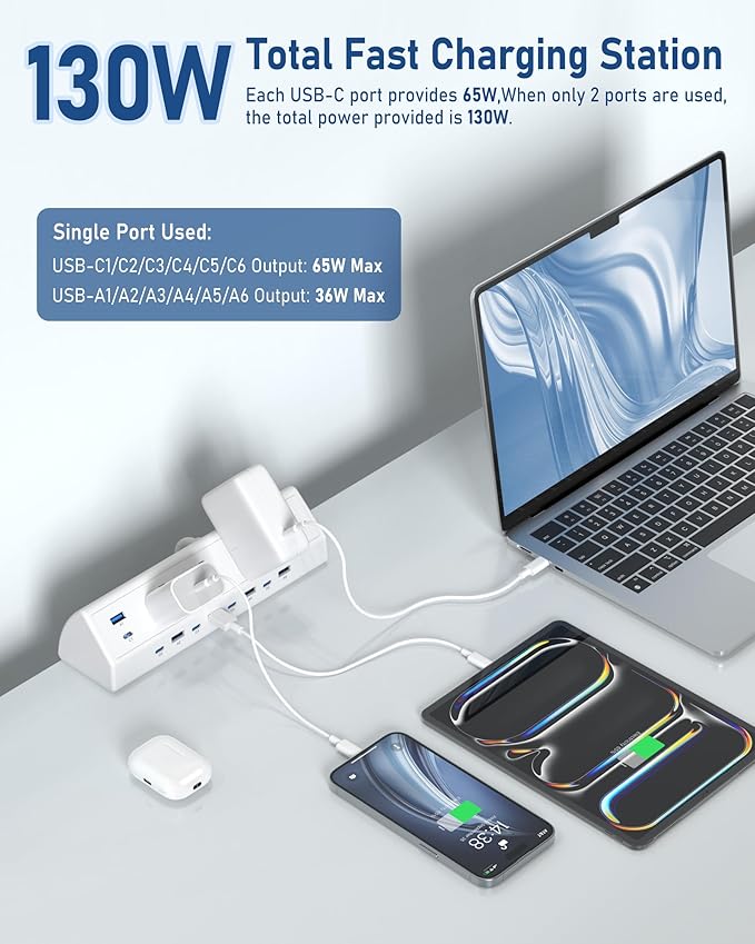 Jgstkcity 130W Desk Clamp Power Strip, 12 USB Ports, Surge Protector, ETL