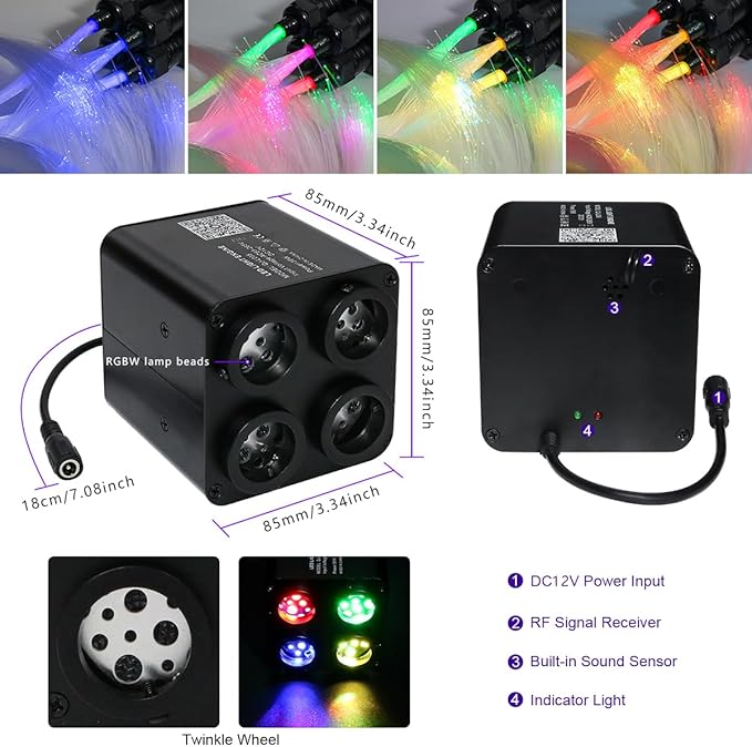 AZIMOM 4color 36W Twinkle Fiber Optic Starlight Box, 4Port Light Source Sound