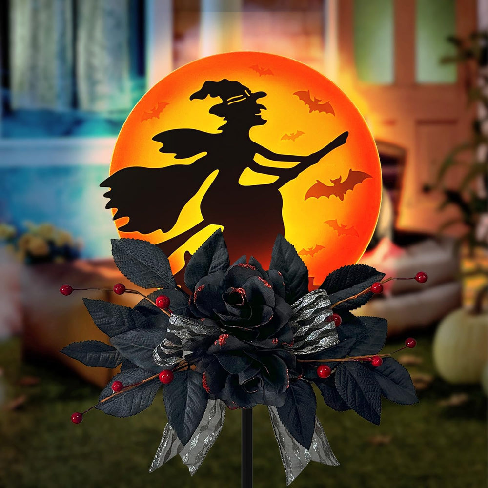 Solar Witch Scene Garden Stake Lights, Spooky Outdoor Yard Sign for Halloween...