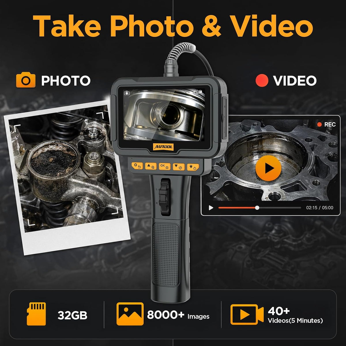 autool svb208 articulating borescope, 2-way 210° 0.24in ultra-slim, front angle view