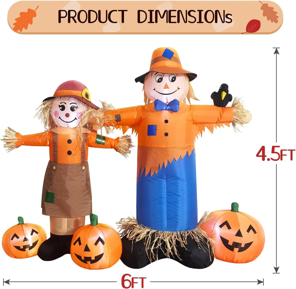DomKom 6ft Long Inflatable Scarecrow and Pumpkin – Halloween Thanksgiving Fall Yard Decoration with Built-in LED Lights Outdoor Blow Up Decor for Lawn, Garden, Party