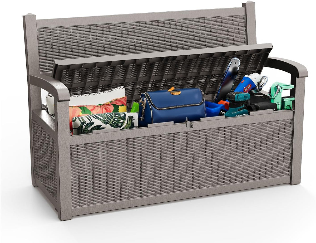 PatioZen 80 Gallon Outdoor Storage Bench Deck Box Waterproof Lockable,Outdoor Storage Furniture for Patio,Garden and Porch,Tools and Cushions（ Grey）