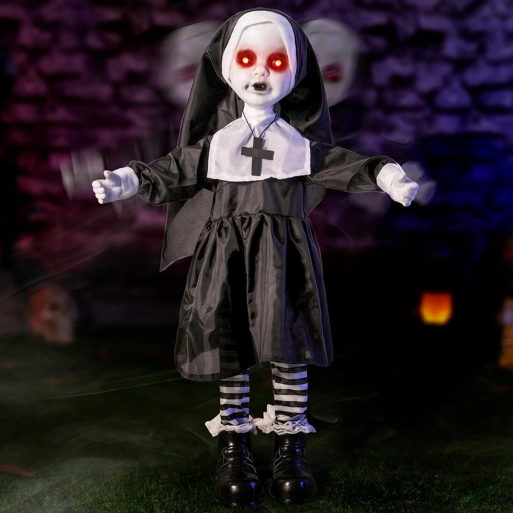 Halloween Animatronic Nun Doll Decorations, 25-33 Inch Scary Zombie Nun with ...