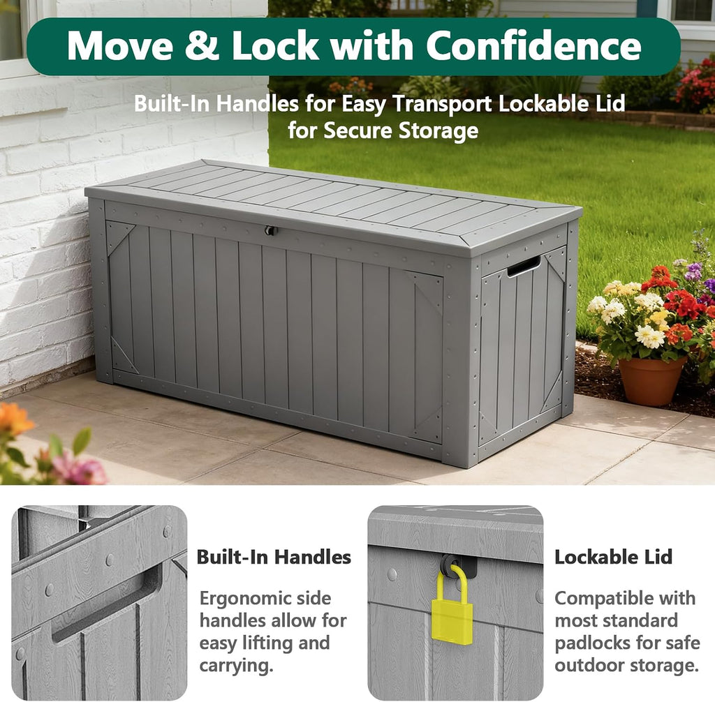 outdoor storage box, 98 gallon deck box, outdoor on a desk or shelf
