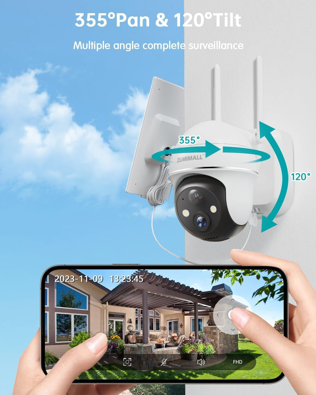 zumimall 5mp solar security cameras wireless outdoor, solar, close-up detail