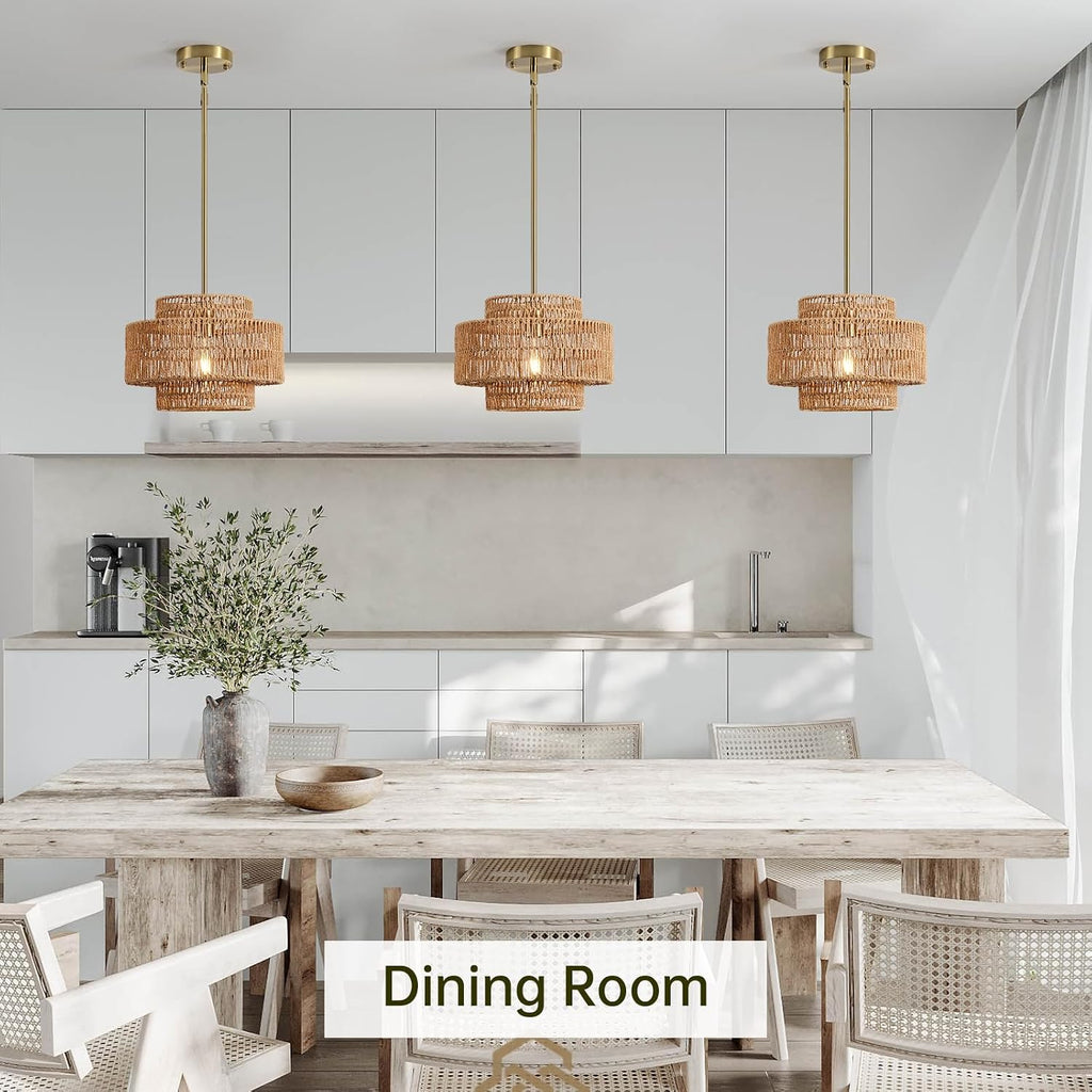 12.4" Rattan Pendant Light for Kitchen Island, Boho Chandelier | 1-Light, Hand Woven, No Assembly, Gold Hardware, Farmhouse Coastal Drum Wicker Light Fixture Dining Room Hallway Entryway
