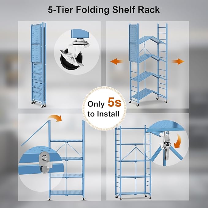 Storage Shelves with 20 Hooks, 5-Tier Foldable Shelf
