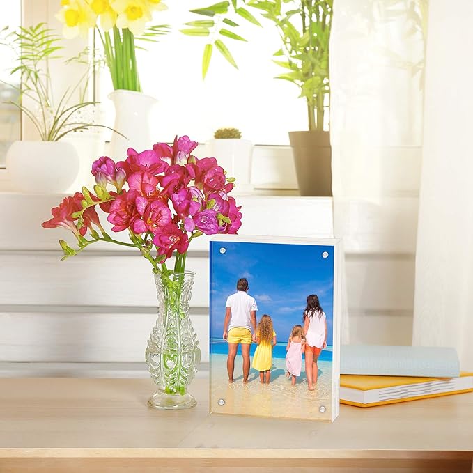 Meetu Acrylic 4x4 Picture Frame Clear Two Sided Desk Photo Frame Magnetic Frame (5 Pack)