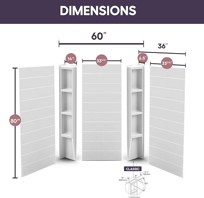 White Acrylic Shower Wall Surround 36"x 60"x 80"