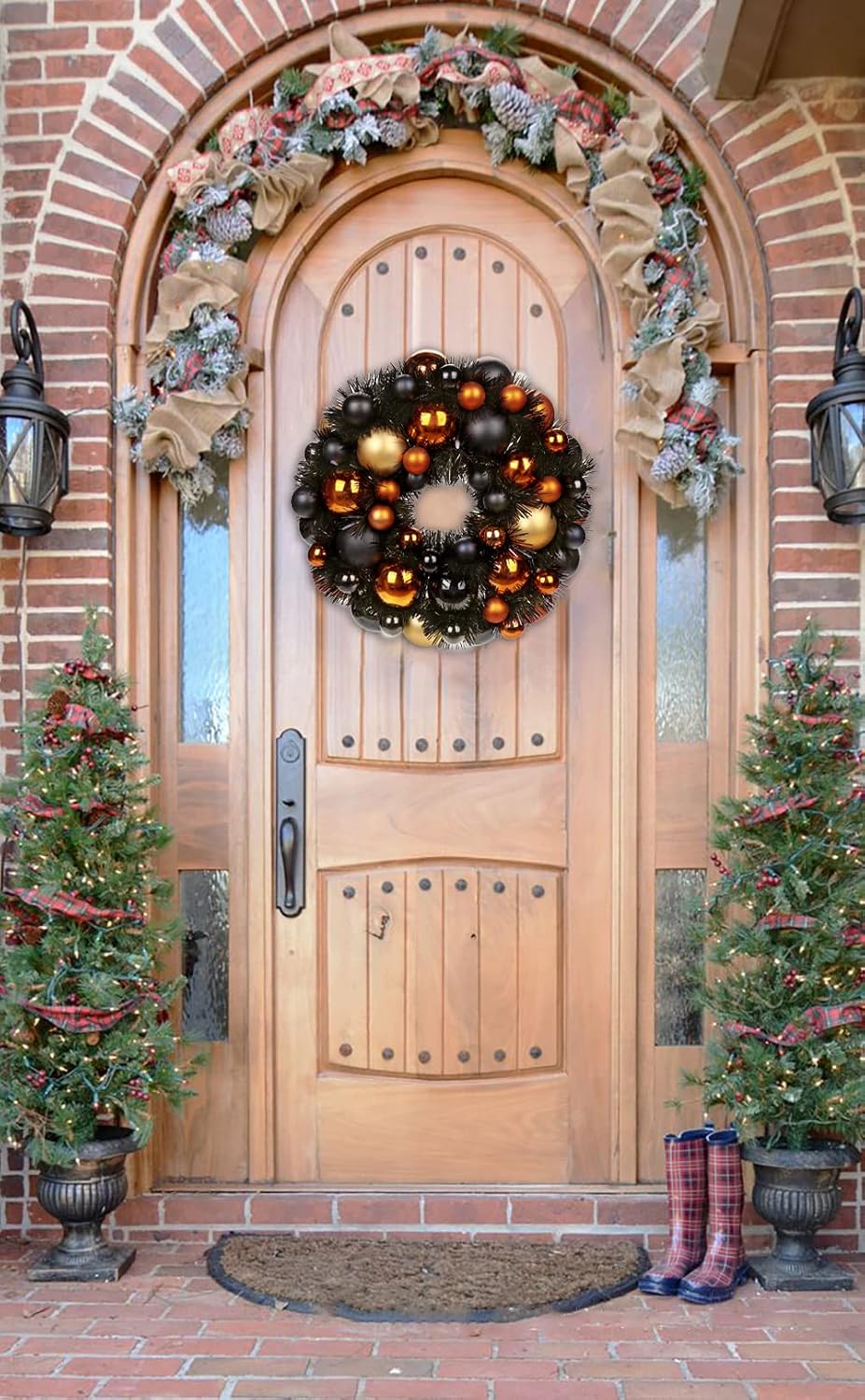 Halloween Black Ball Wreath 13" Xmas Wreaths Ornaments Glitter Thicken Shatterproof Garland Decoration for Door Wall Mantel Christmas Holiday Party Decor, Orange & Black & Gold