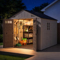LazySunsets 8x10 Ft Outdoor Storage Shed with Light, Large Resin Outdoor Shed with Floor Included, 3 Windows & Lockable Door, Garden Plastic Storage Sheds for Bike, Lawn Tools, Garbage Can