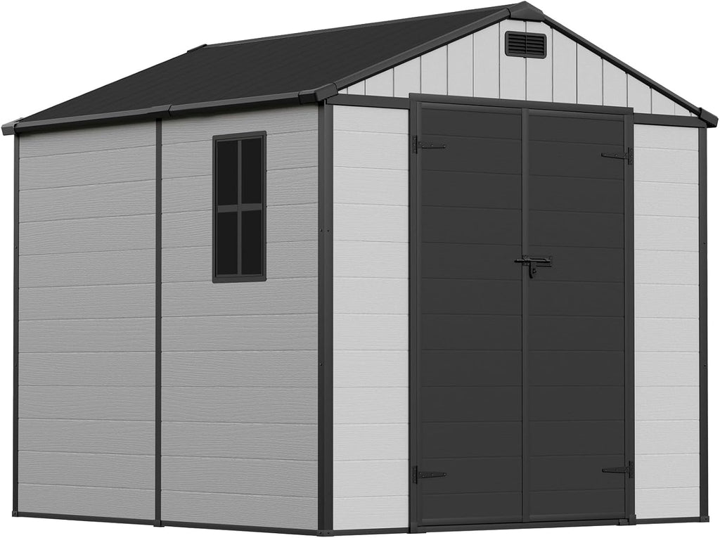 greesum 8x8ft resin outdoor storage shed with floor on a desk or shelf