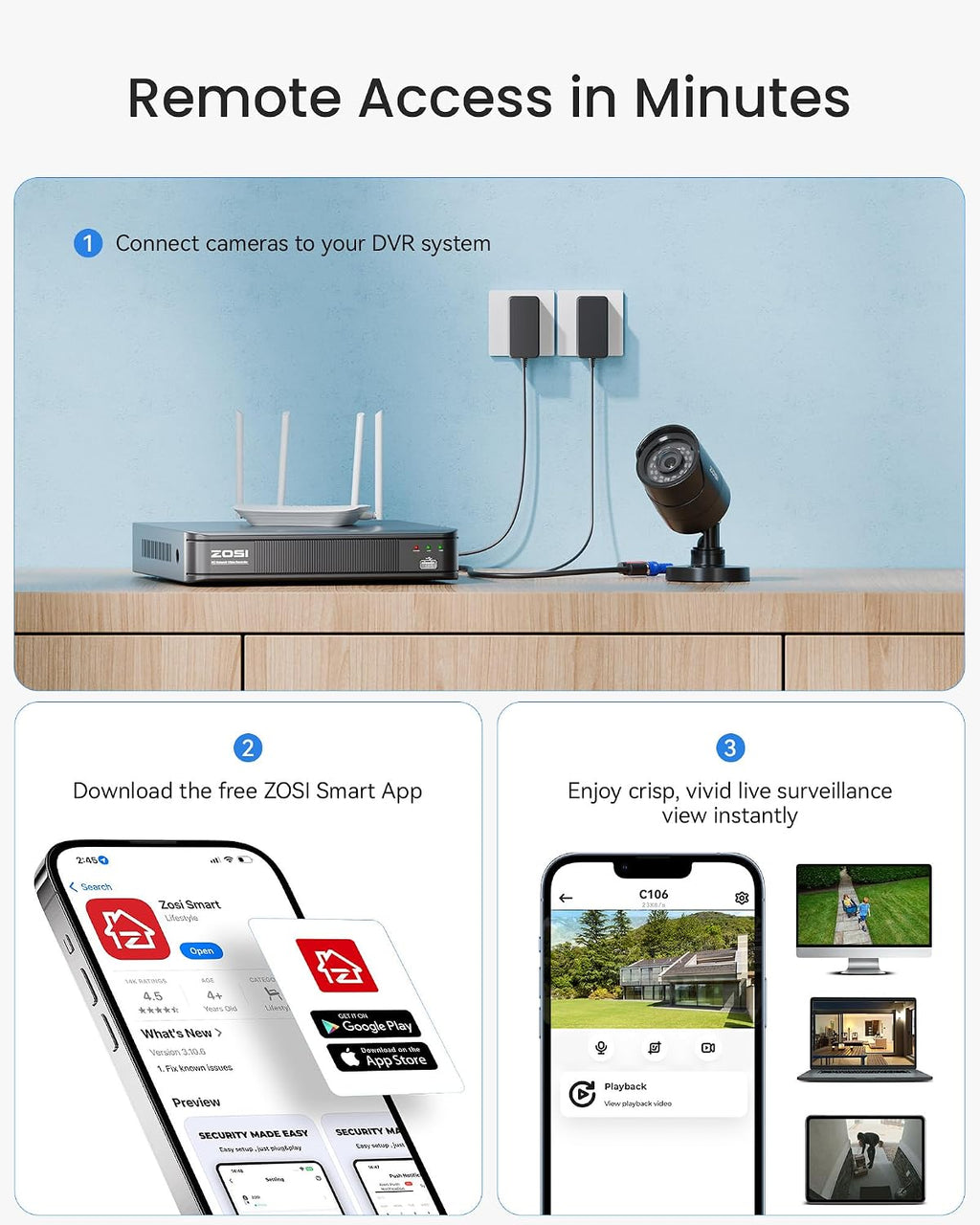 zosi 3k lite wired security camera system, 4 on a desk or shelf