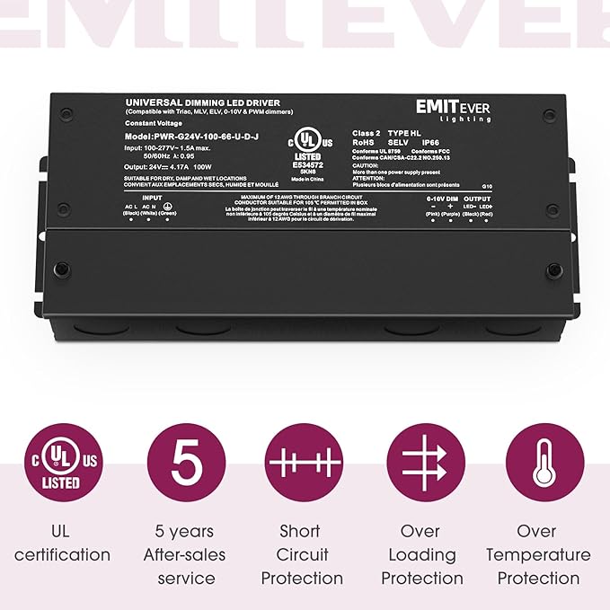 EMITEVER Dimmable Led Driver, 2 Packs 100W AC 110V-277V to DC 24V Transformer