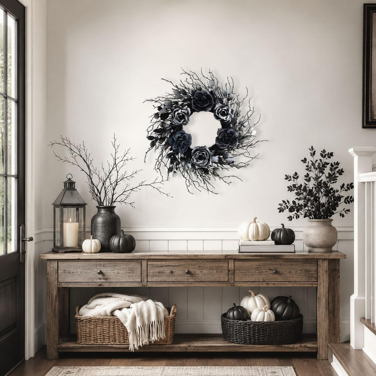 22 Inch Black and Silver Halloween Wreath with 40 Orange LEDs