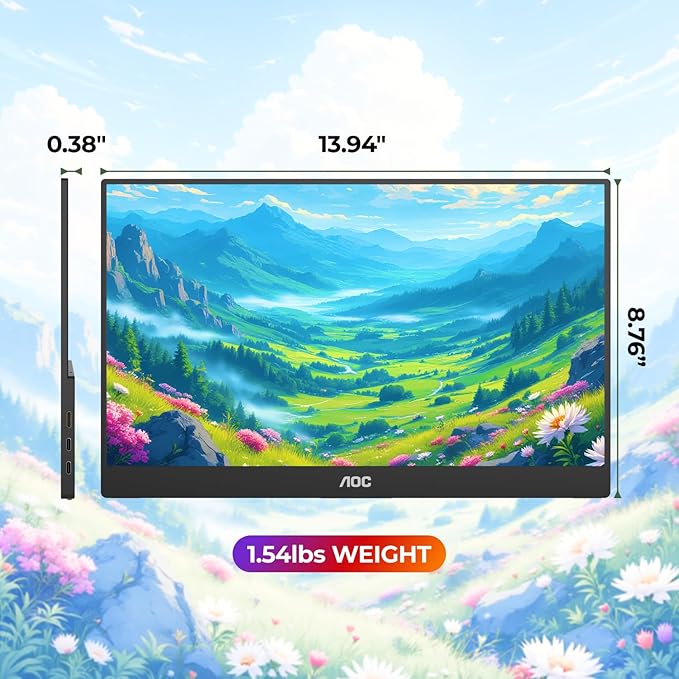 AOC 16T20 Portable Monitor 15.6" FHD 1080p IPS Display, USB-C Portable Laptop
