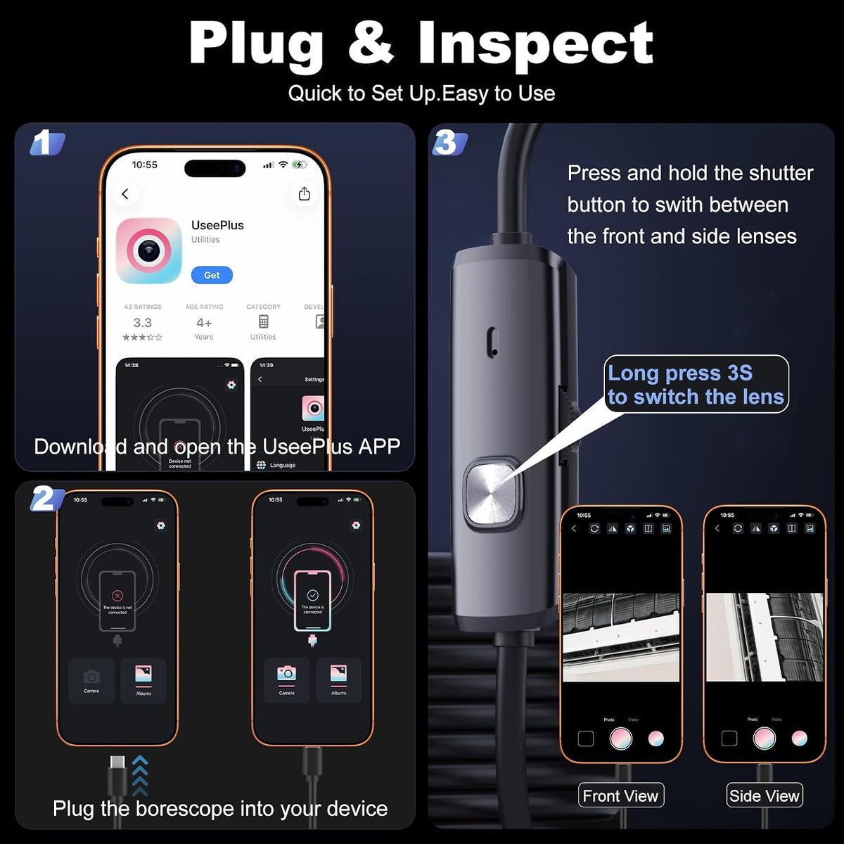dual-lens endoscope camera with light,1920p hd borescope inspection, package contents