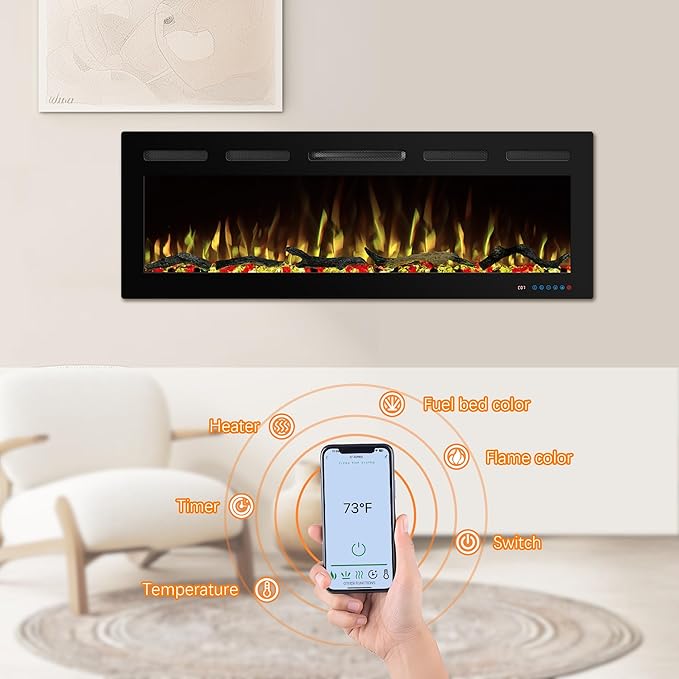 50" WiFi Electric Fireplace Inserts, Recessed and Wall Mounted Fireplace Heater