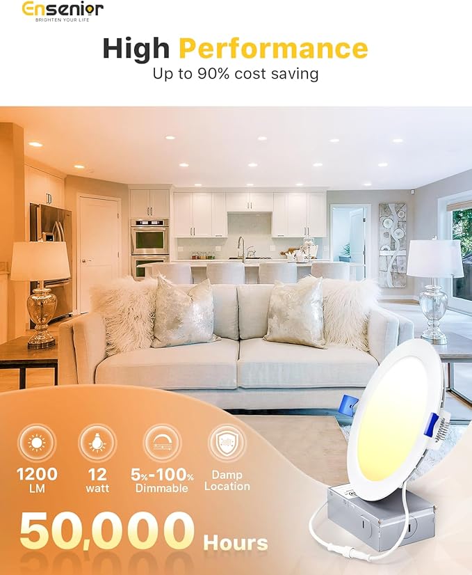 Ensenior 12 Pack 6 Inch LED Recessed Ceiling Light, 6000K Clear White, 1050LM
