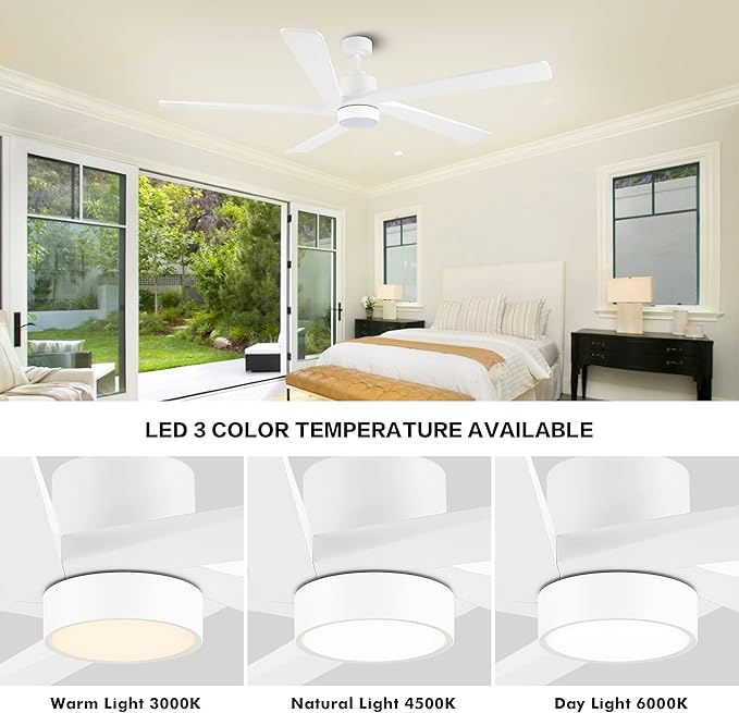 WINGBO 54" DC Ceiling Fan with Lights and Remote Control, 5 Carved Wood Blades